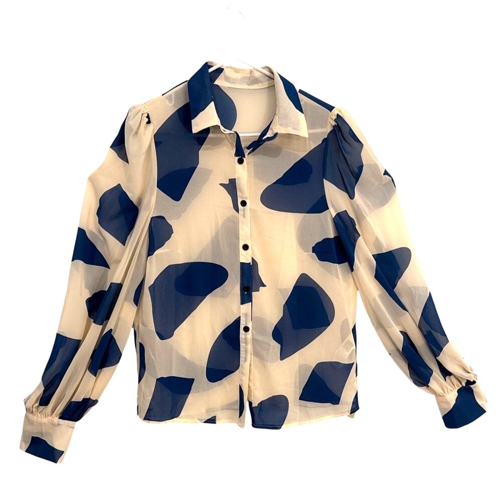 Abstract Blue & Cream Sheer Long Sleeve Button-Down Blouse size L